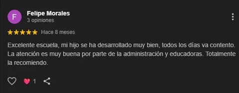 Five-star review by Felipe Morales praising a school, mentioning good child development and excellent administration and education