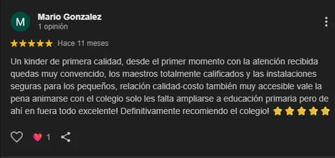 Mario Gonzalez five-star review in Spanish about a kindergarten, posted 11 months ago