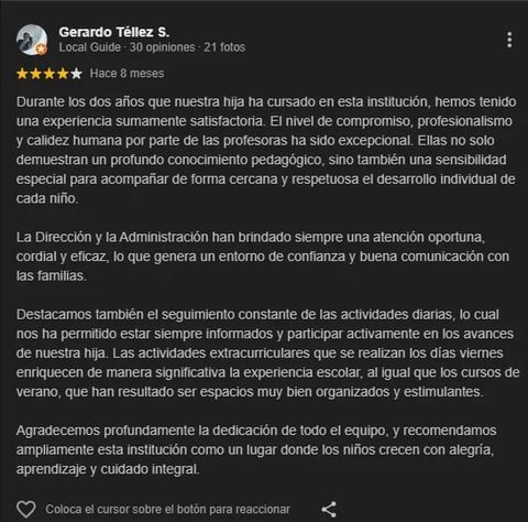 5-star review from Gerardo Téllez S., Local Guide, praising a schools teaching quality and family communication