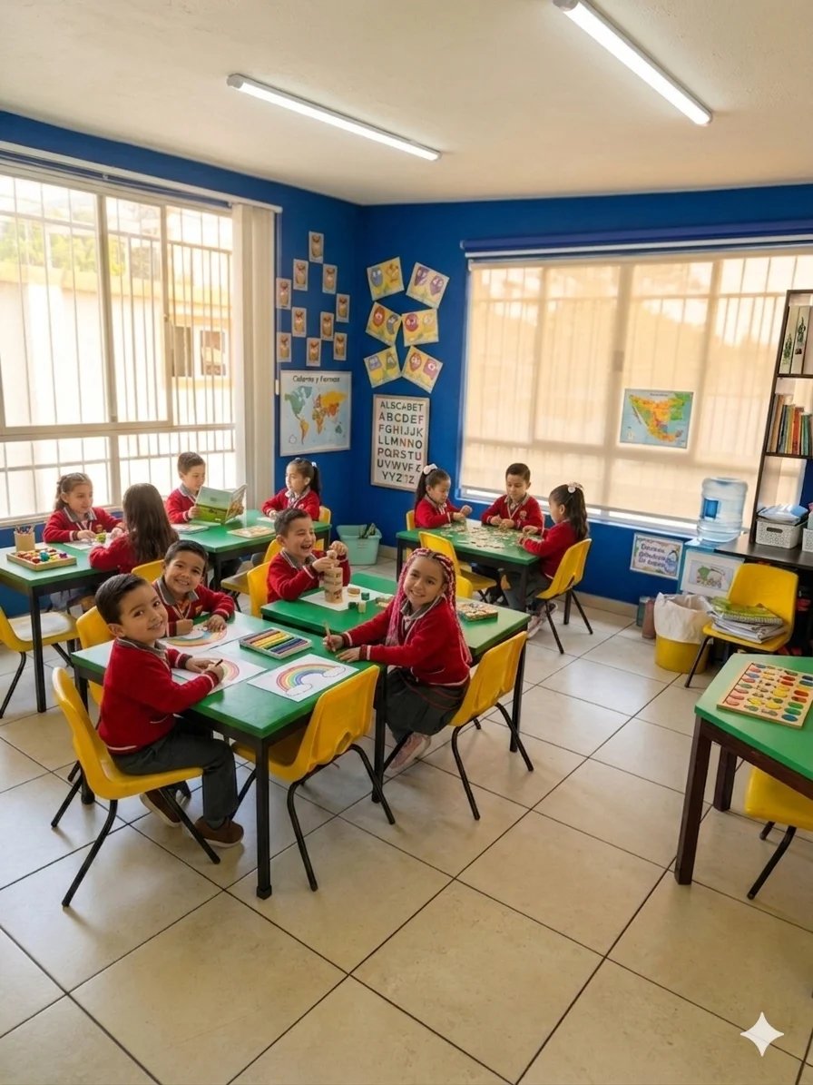 Elementary classroom with students in red uniforms seated at green tables with yellow chairs, bright blue walls, educational posters, and natural light from windows