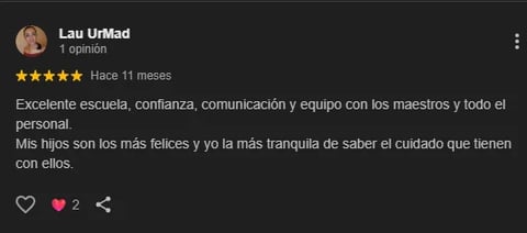 Five-star review by Lau UrMad praising an excellent school for education, trust, communication and childcare in Spanish