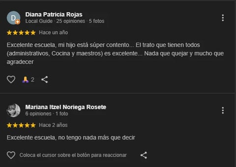 Screenshot of two positive Google reviews for a school. Diana Patricia Rojas left a 5-star review praising the school and staff. Mariana Itzel Noriega Rosete left a 5-star review calling it an excellent school.
