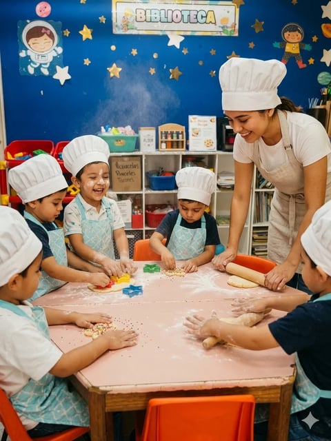 Teacher and children wearing chef hats preparing dough at a table in a colorful classroom with biblioteca sign and space-themed decorations