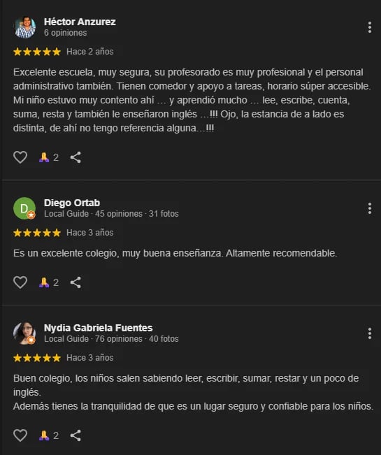 Screenshot of five-star customer reviews for a school, featuring testimonials from Hector Anzurez, Diego Ortab, and Nydia Gabriela Fuentes praising the teaching quality and safe environment.