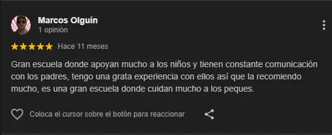 5-star review by Marcos Olguin praising a school for parent communication and child care quality in Spanish