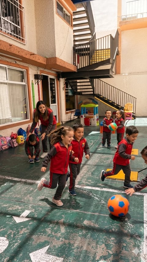 Children in red uniforms playing with a soccer ball in a schoolyard playground supervised by an adult teacher.