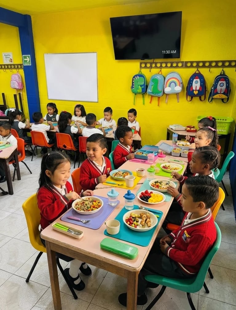 Young students in red uniforms eating lunch together at tables in a bright yellow classroom with backpacks on the wall