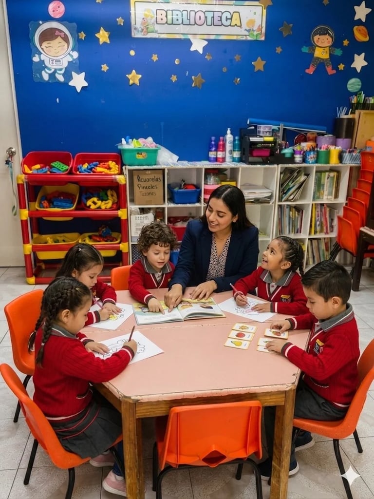 Teacher reading with five young students in red uniforms at a table in a colorful classroom library
