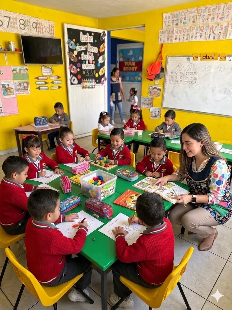 Teacher reading with young students seated at green tables in a bright yellow classroom with educational posters on walls