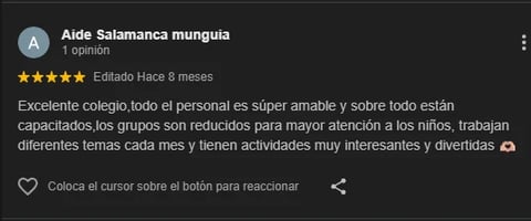 Five-star review from Aide Salamanca munguia praising a schools staff and programs for children, posted 8 months ago