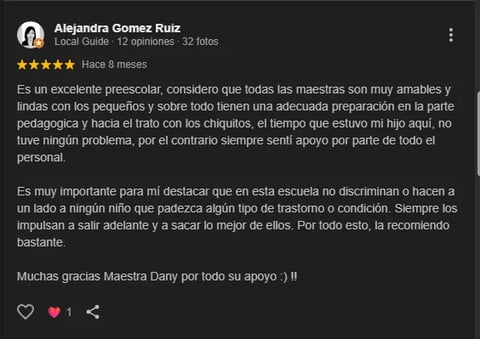 Five-star review by Alejandra Gomez Ruiz, a local guide, praising a preschool for excellent teaching and inclusive environment