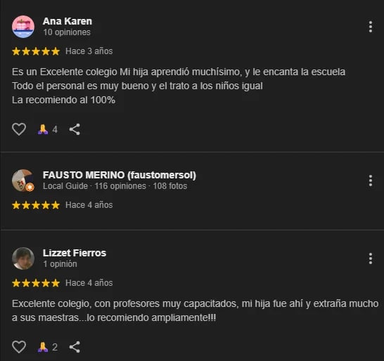 Screenshot of Google Reviews showing three 5-star ratings for a school, with Spanish testimonials from Ana Karen, Fausto Merino, and Lizzet Fierros praising the institution
